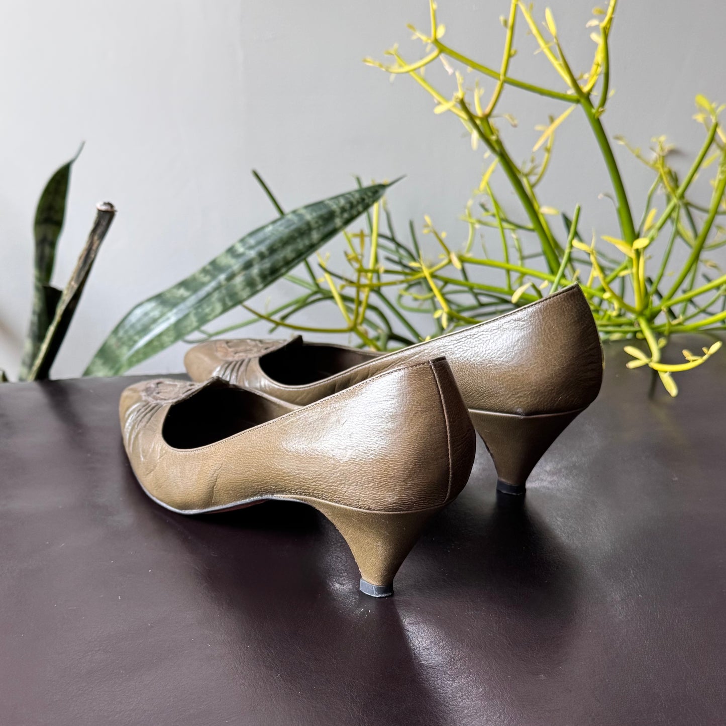 Olive Green Leather Kitten Heels