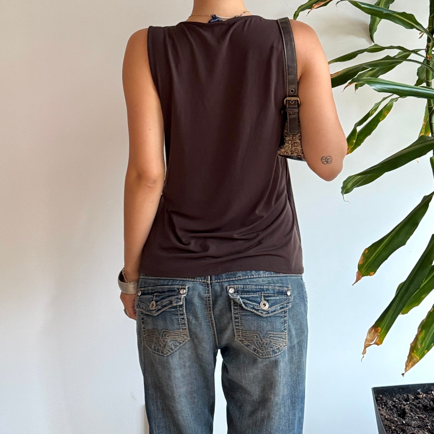 Brown Asymmetrical Wooden Detail Top