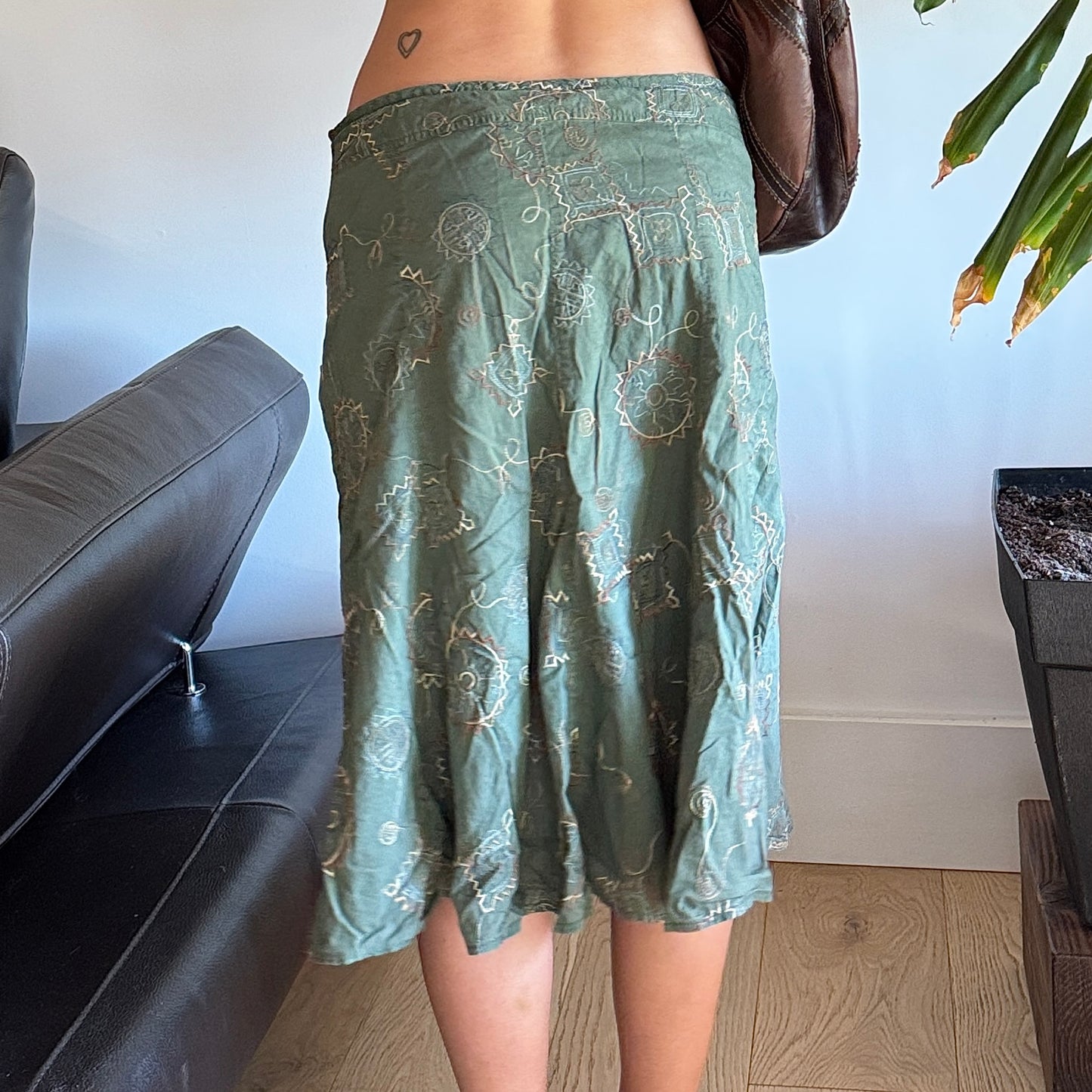 Green Floral Embroidered Midi Skirt