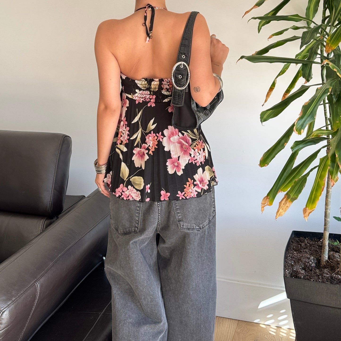 Black & Pink Floral Mesh Halter Top