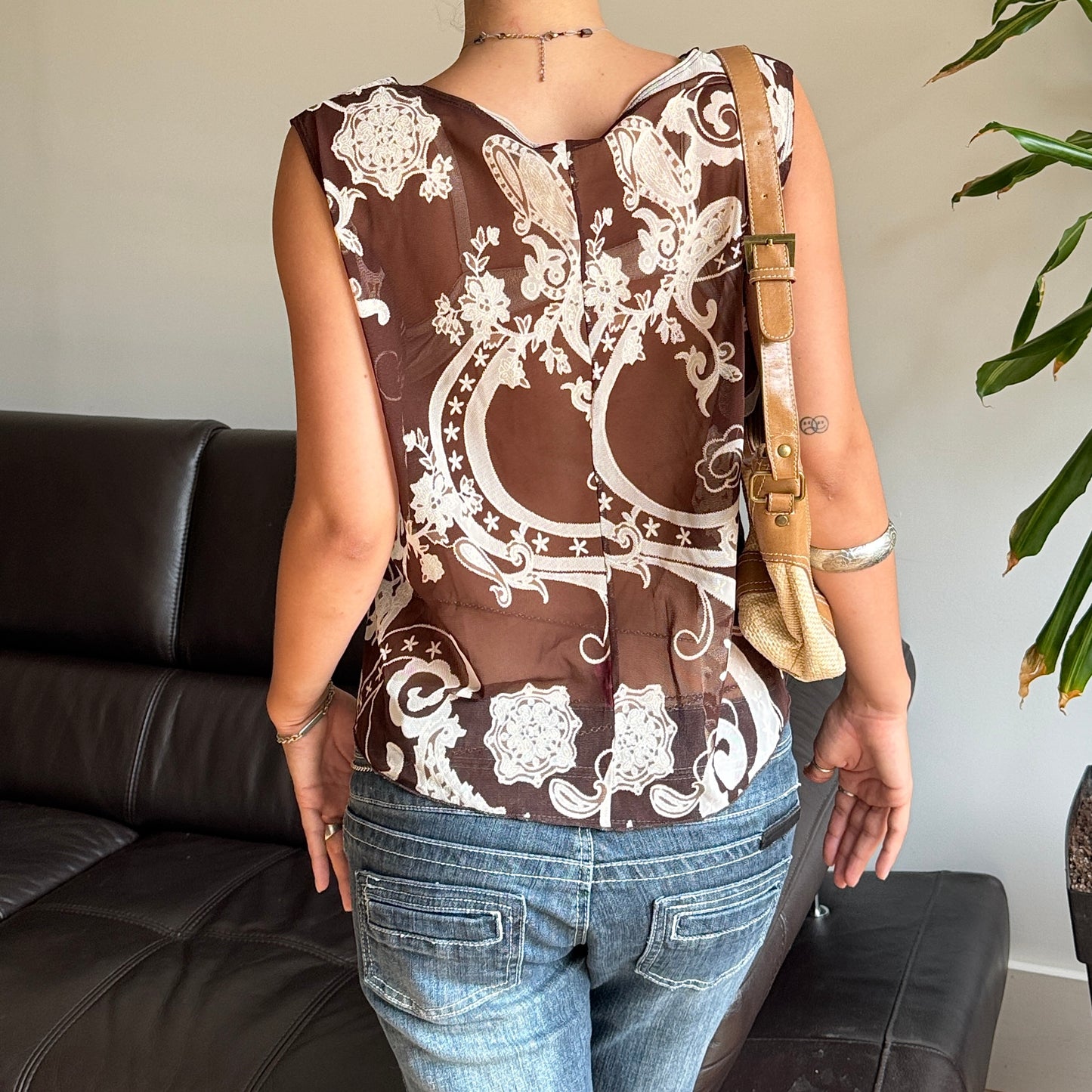 Brown Paisley Mesh Top