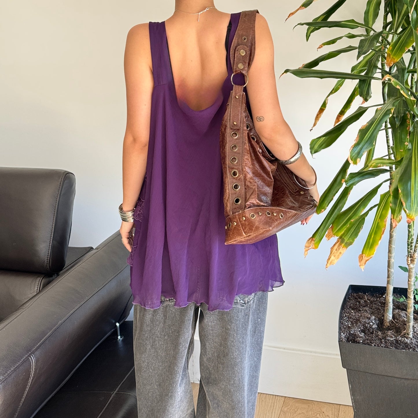 Purple Lace Mesh Ruffle Top