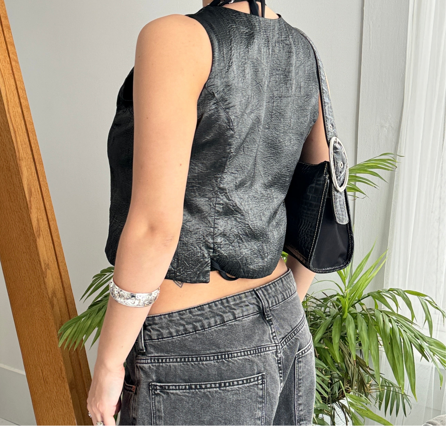 Grey Sparkly Button-Up Top