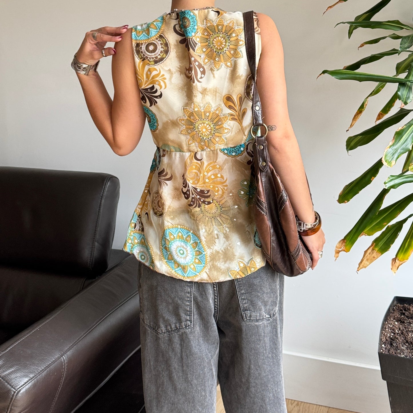 Beige Beaded Mesh Top