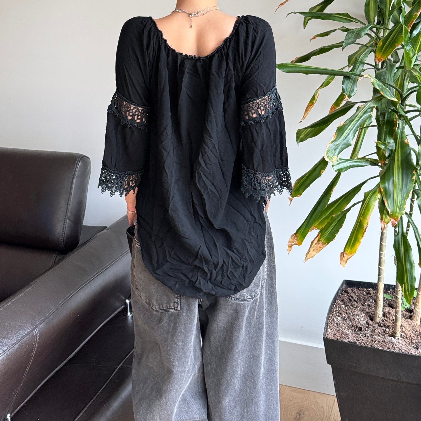 Black Bell Sleeve Textured Top