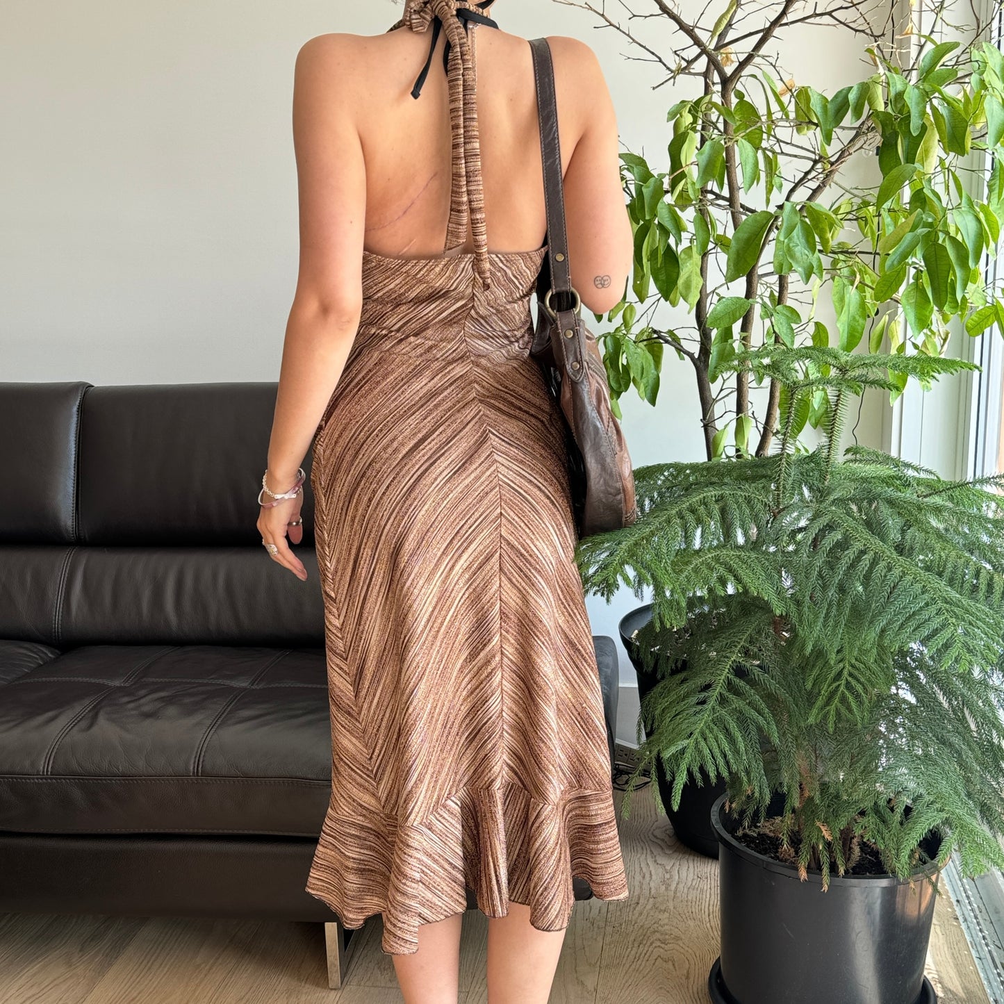 Brown Striped Halter Dress