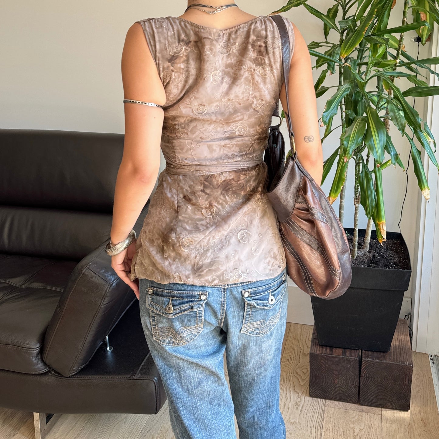 Brown Tie Up Embroidered Top