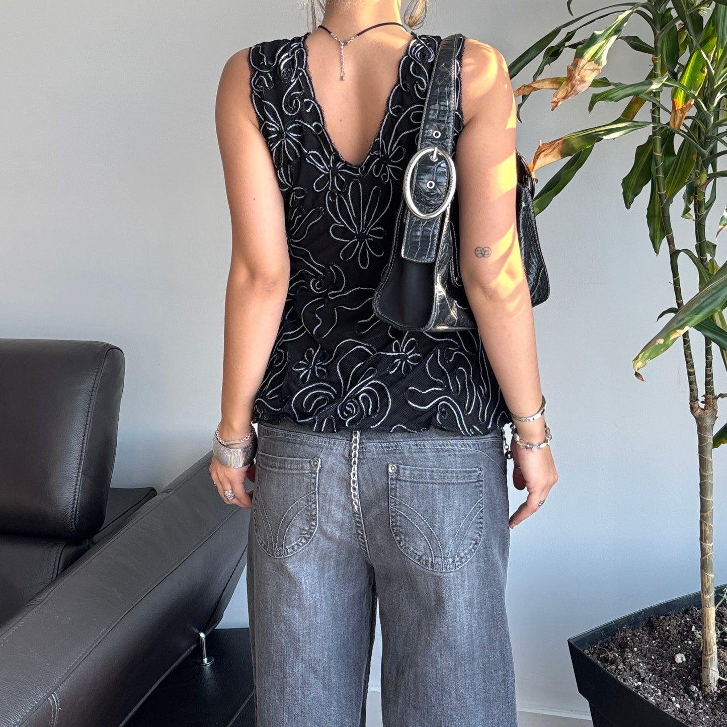 Black Floral Textured Top