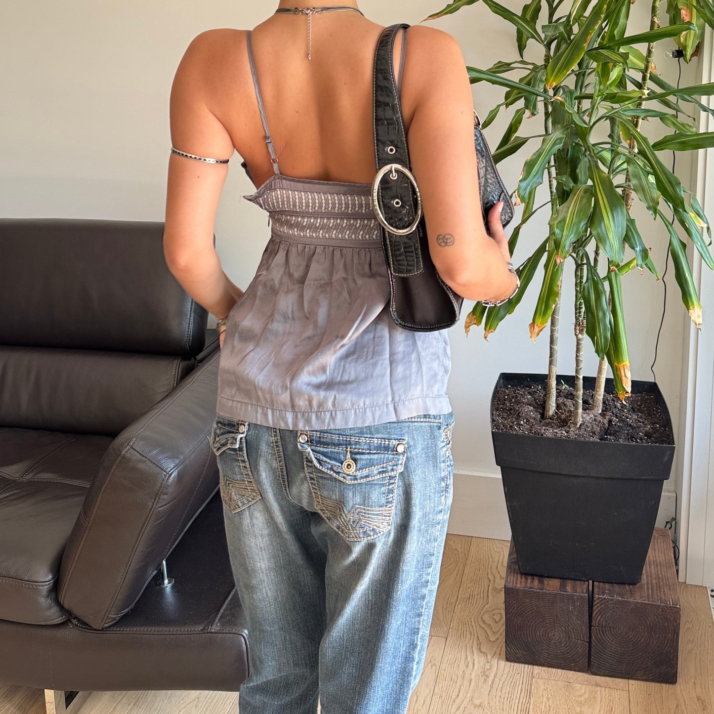 Grey & White Satin Top