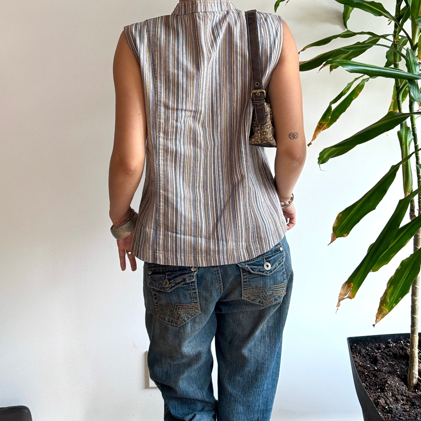 Brown & Blue Button-Up Striped Top