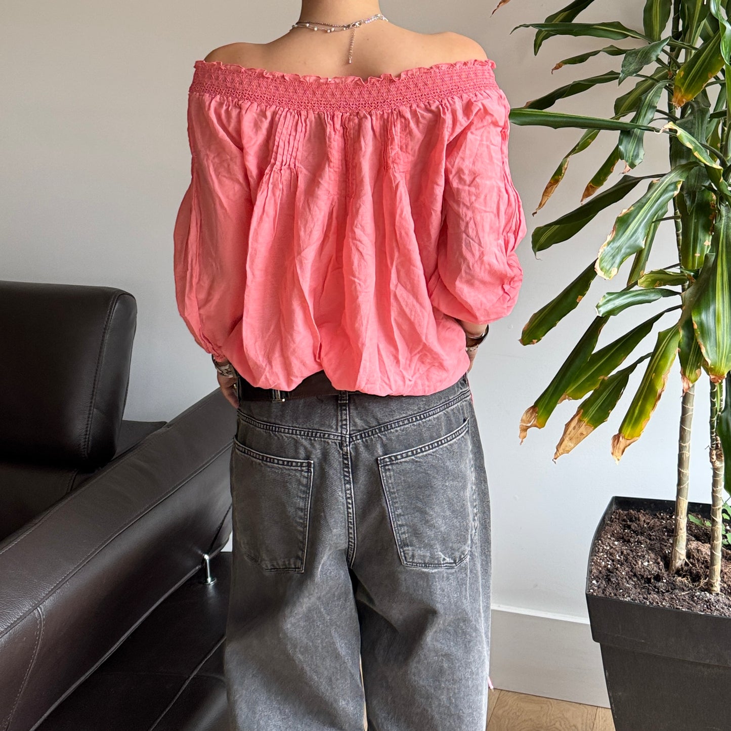 Pink Embroidered Off The Shoulder Top