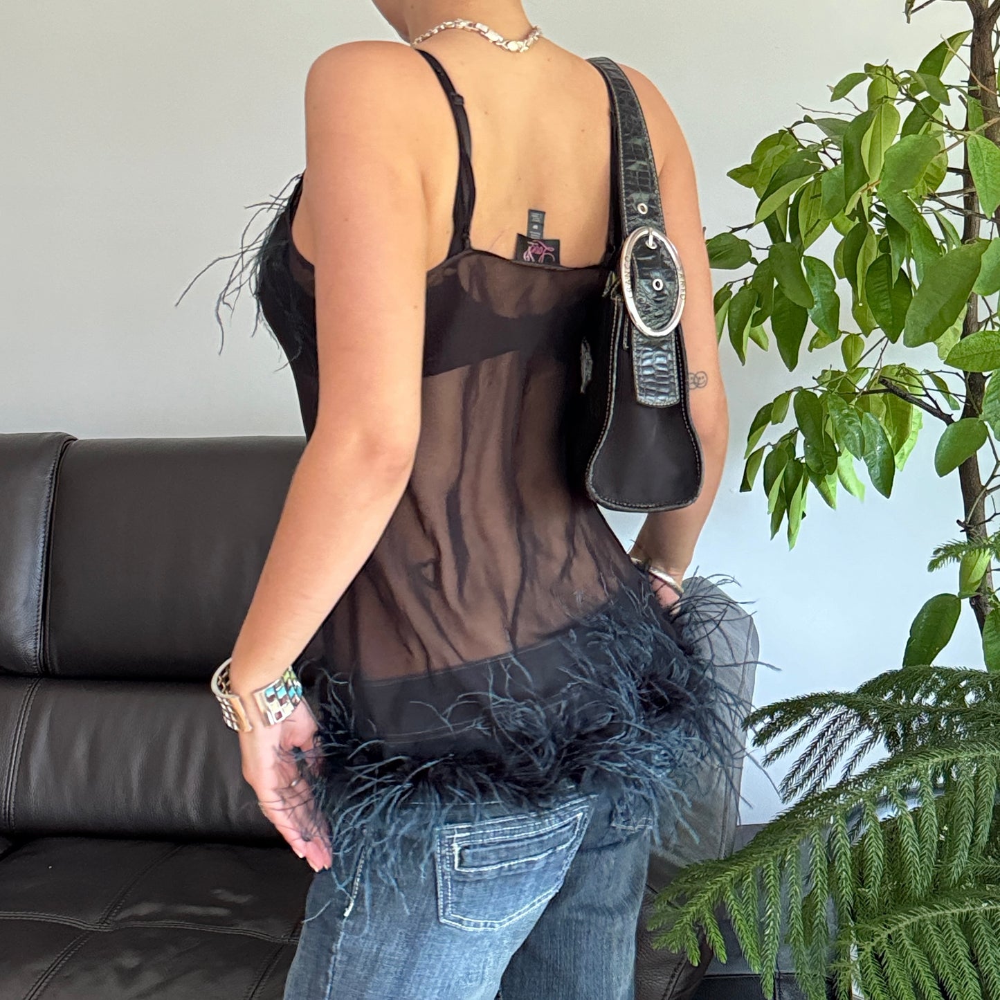 Black Feather Mesh Top