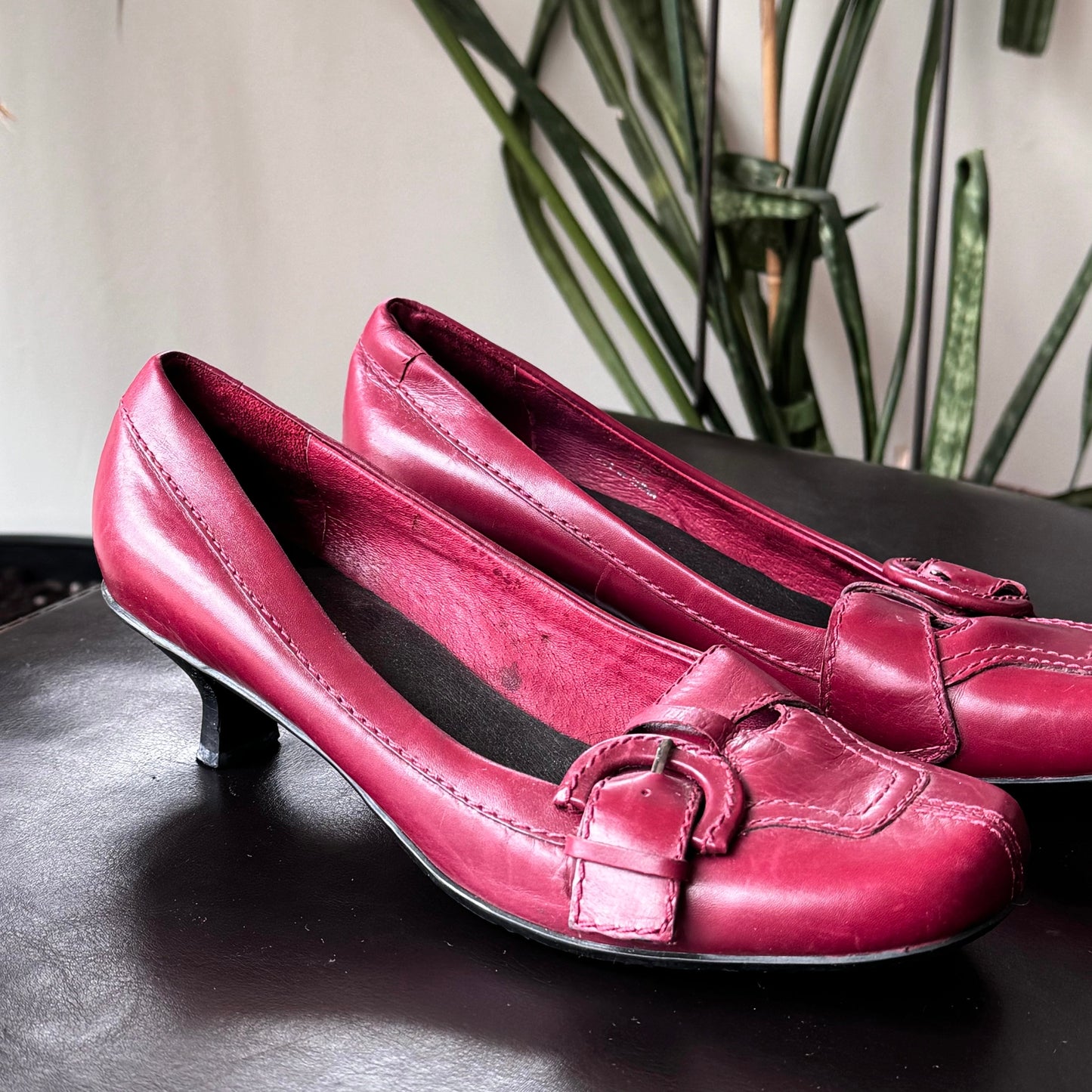 Dark Red Leather Kitten Heels