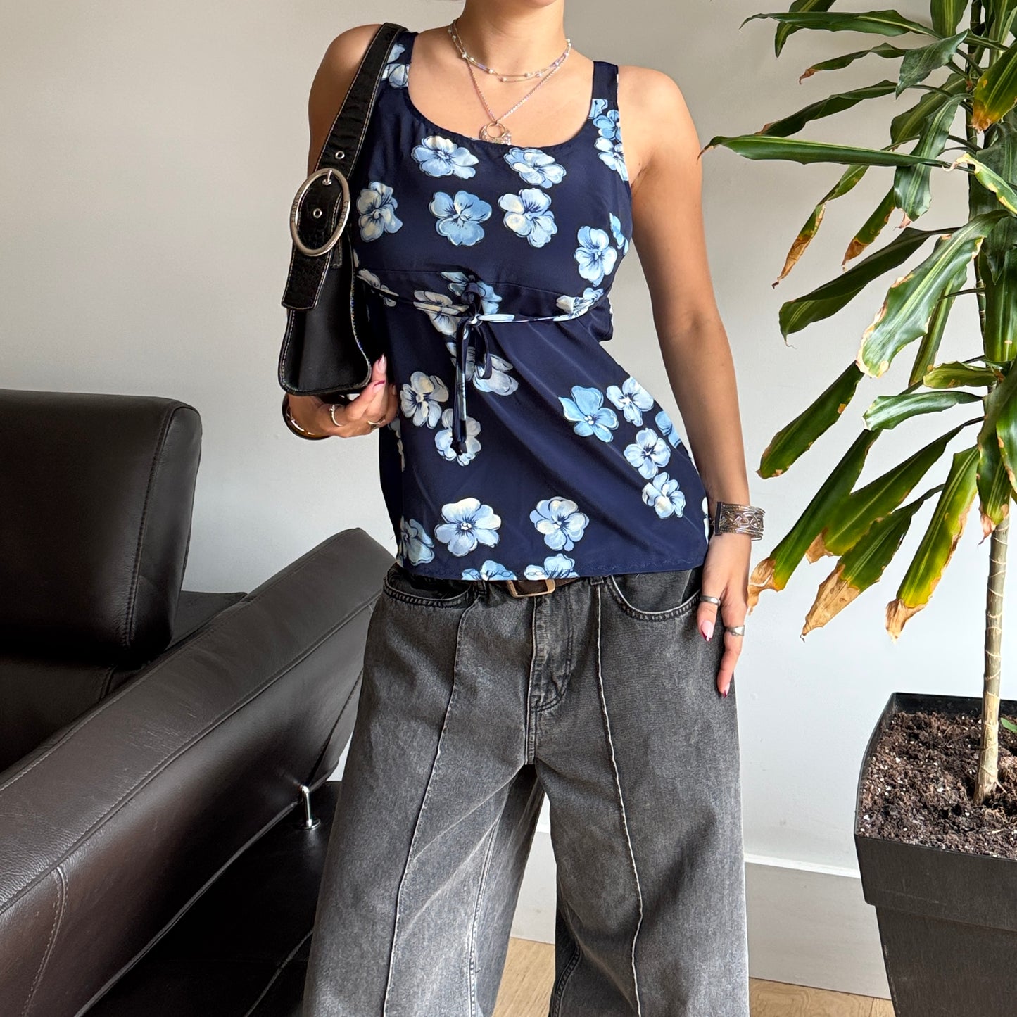 Blue Floral Tie Up Top