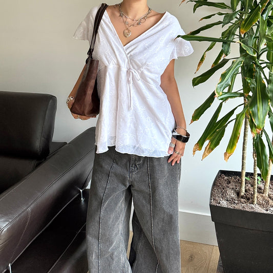 White Embroidered Mesh Top
