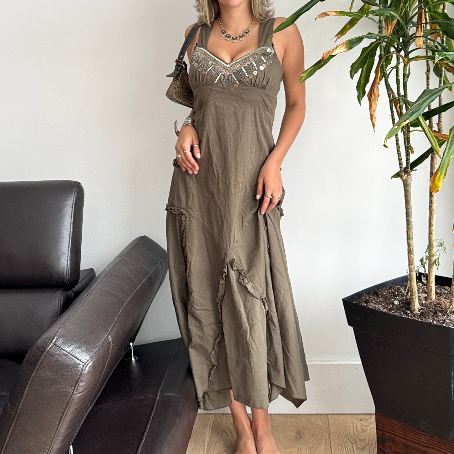 Khaki & Silver Sequin Maxi Dress