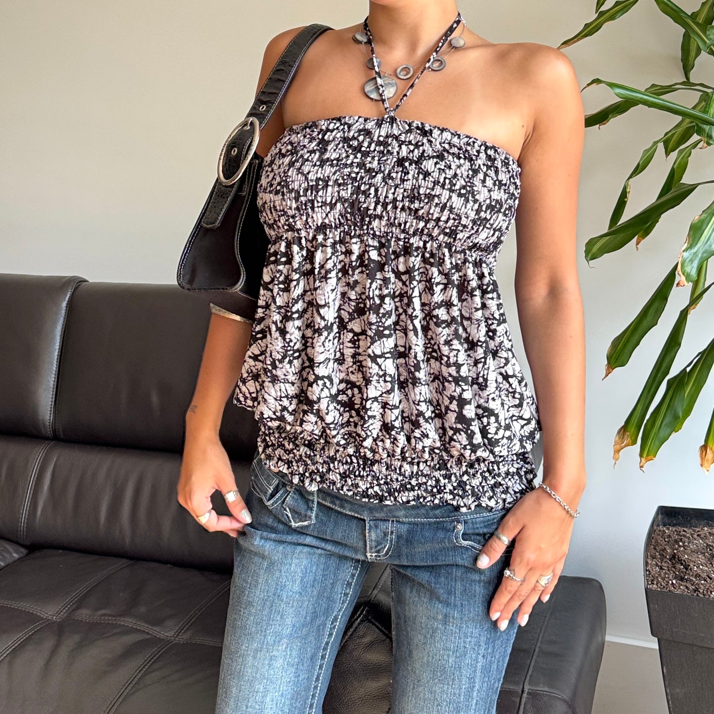 B&W Ruffle Halter Tube Top