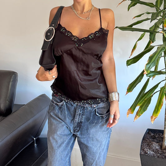 Black Sequin Satin Cami