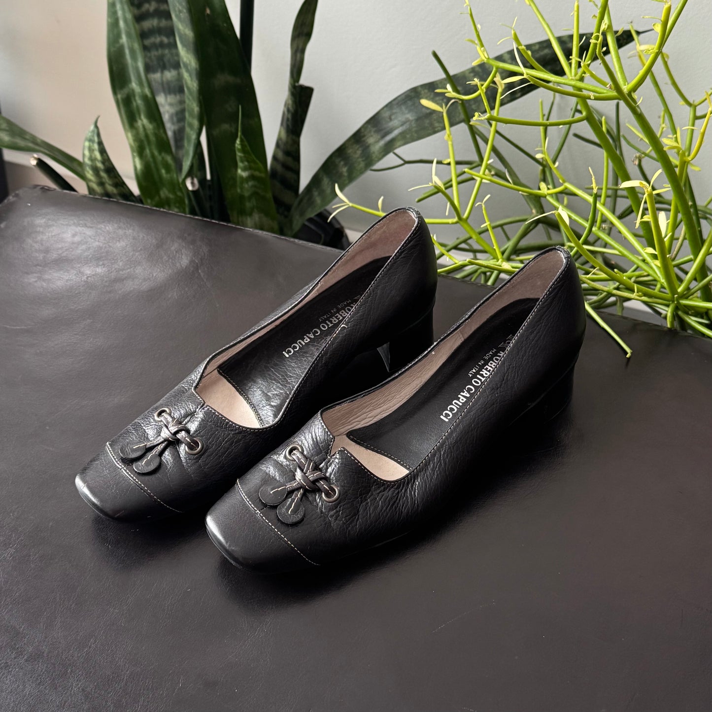 Black Genuine Leather Kitten Heels with Bow