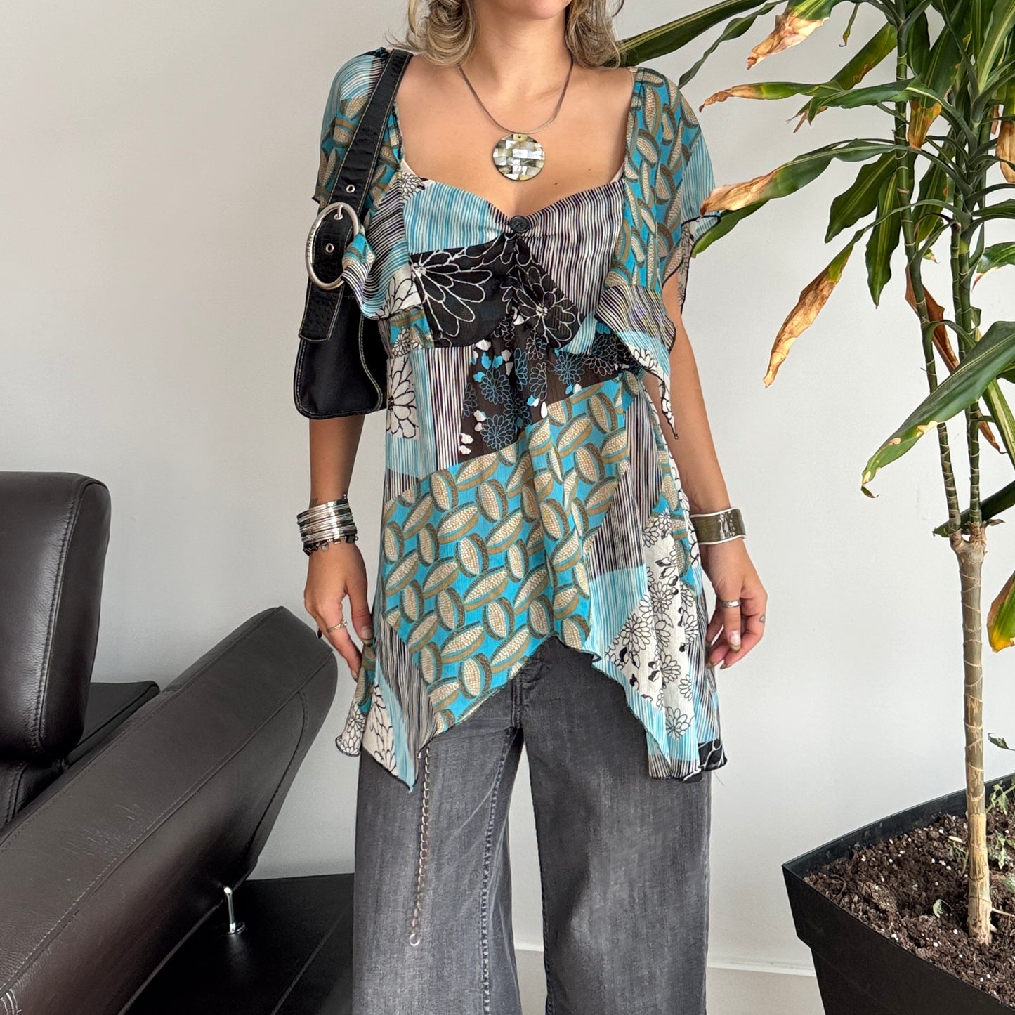 Blue & Black Mesh Asymmetrical Top