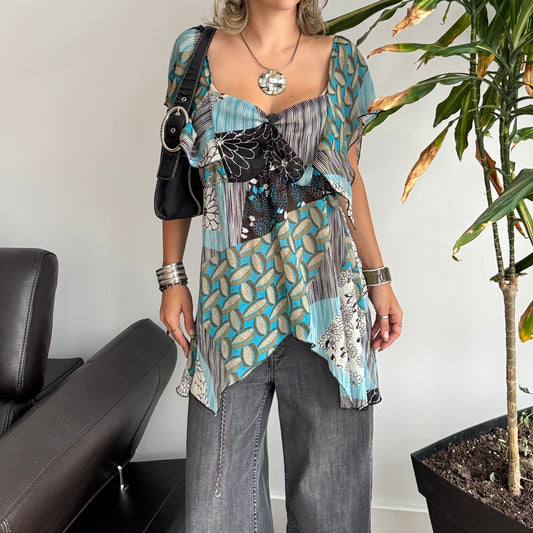 Blue & Black Mesh Asymmetrical Top