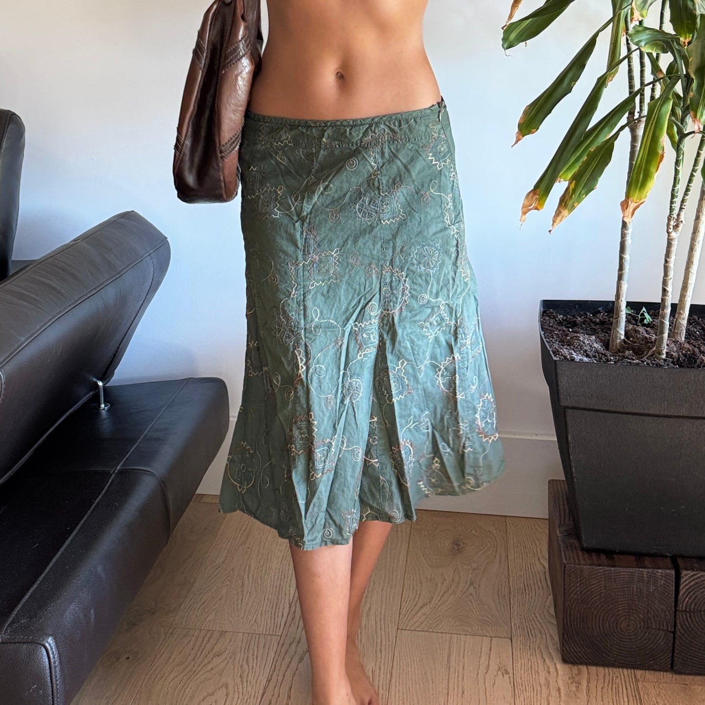 Green Floral Embroidered Midi Skirt