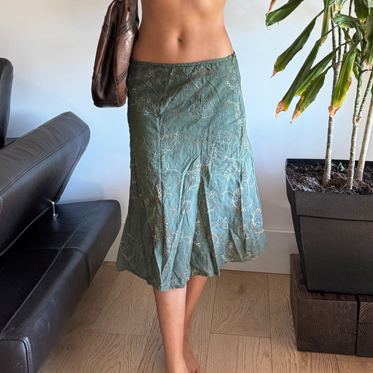 Green Floral Embroidered Midi Skirt