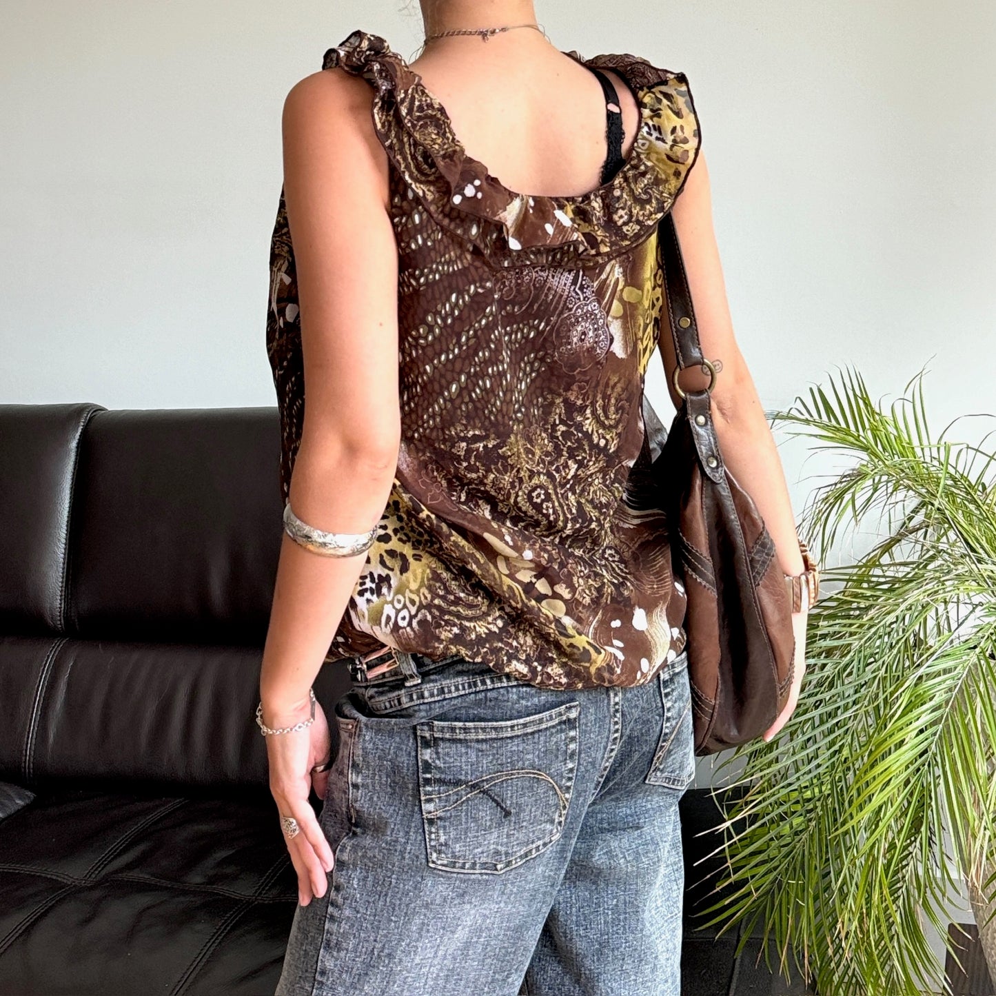 Brown & Green Paisley Mesh Layered Top