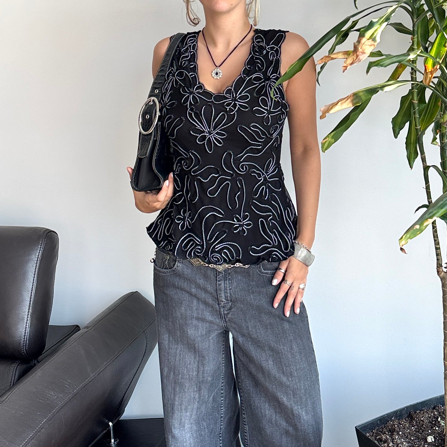 Black Floral Textured Top