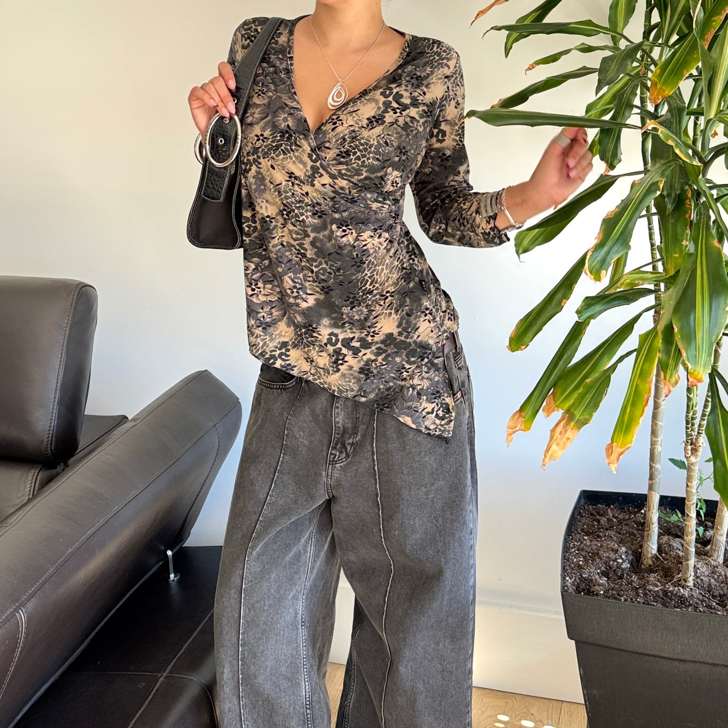 Green & Beige Floral Asymmetrical Top