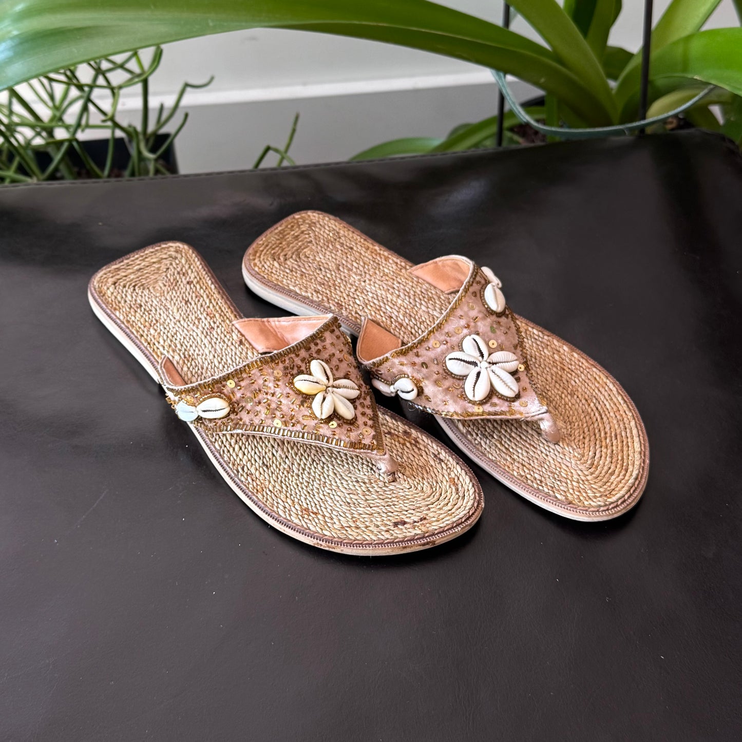 Brown Beaded Shells Sandals