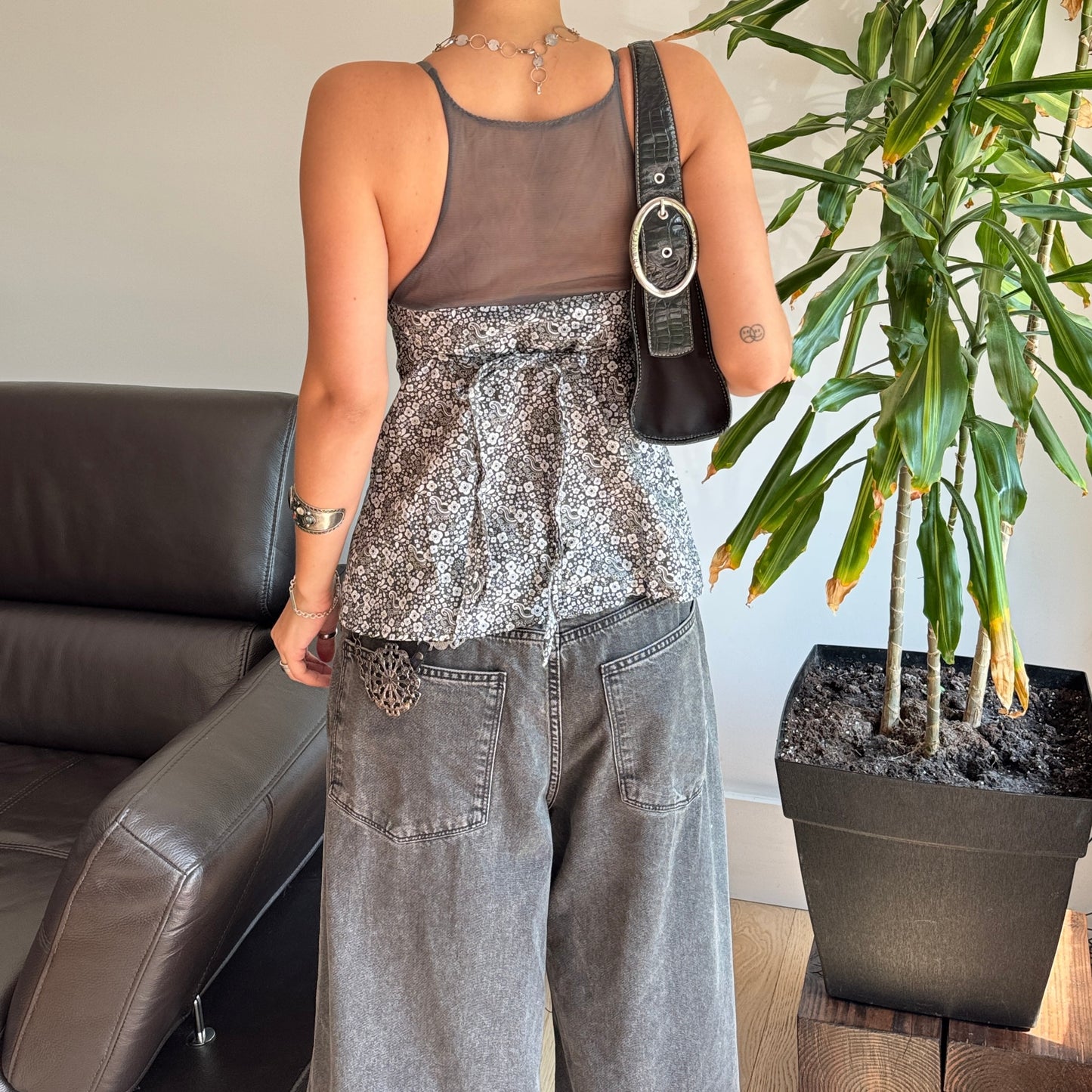 Grey Floral Tie-Up Top