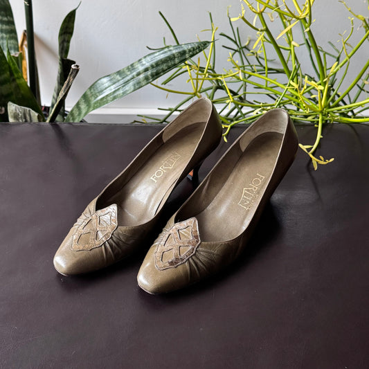 Olive Green Leather Kitten Heels