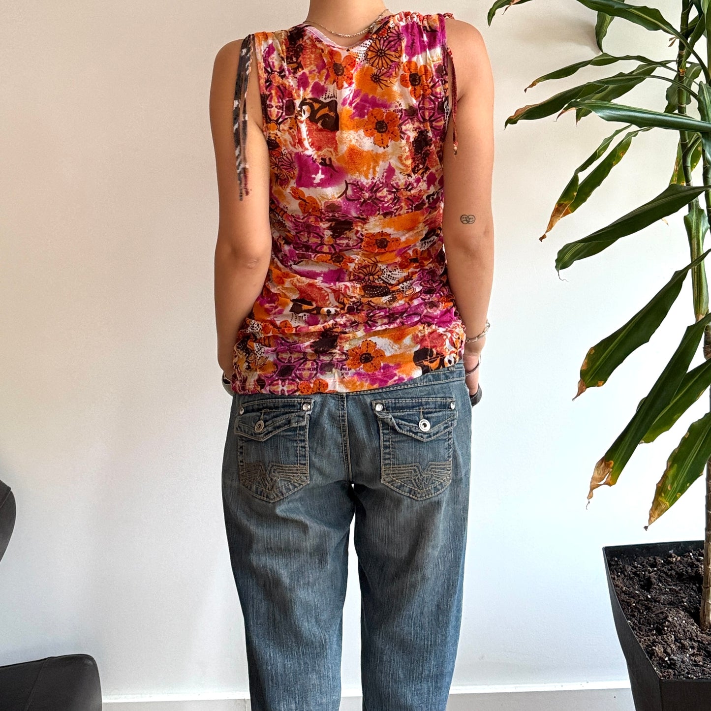 Orange & Pink Floral Mesh Top
