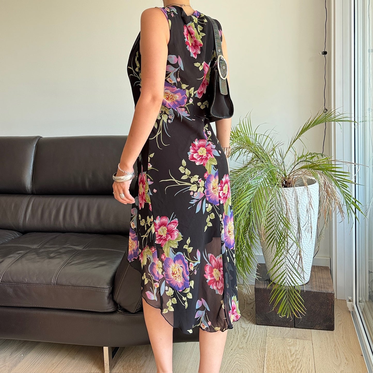 Black & Pink Beaded Floral Asymmetrical Dress