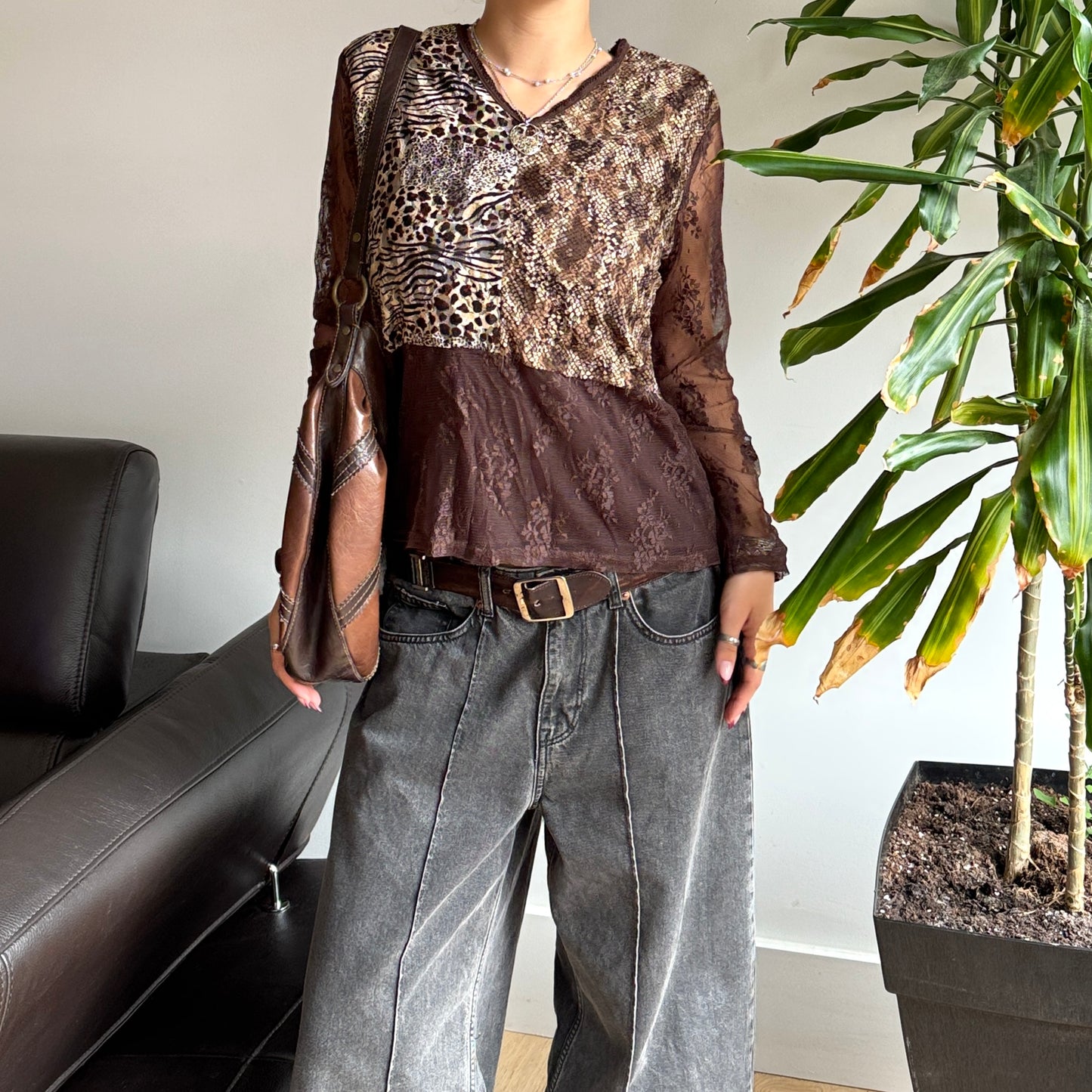 Brown Lace Leopard Print Top
