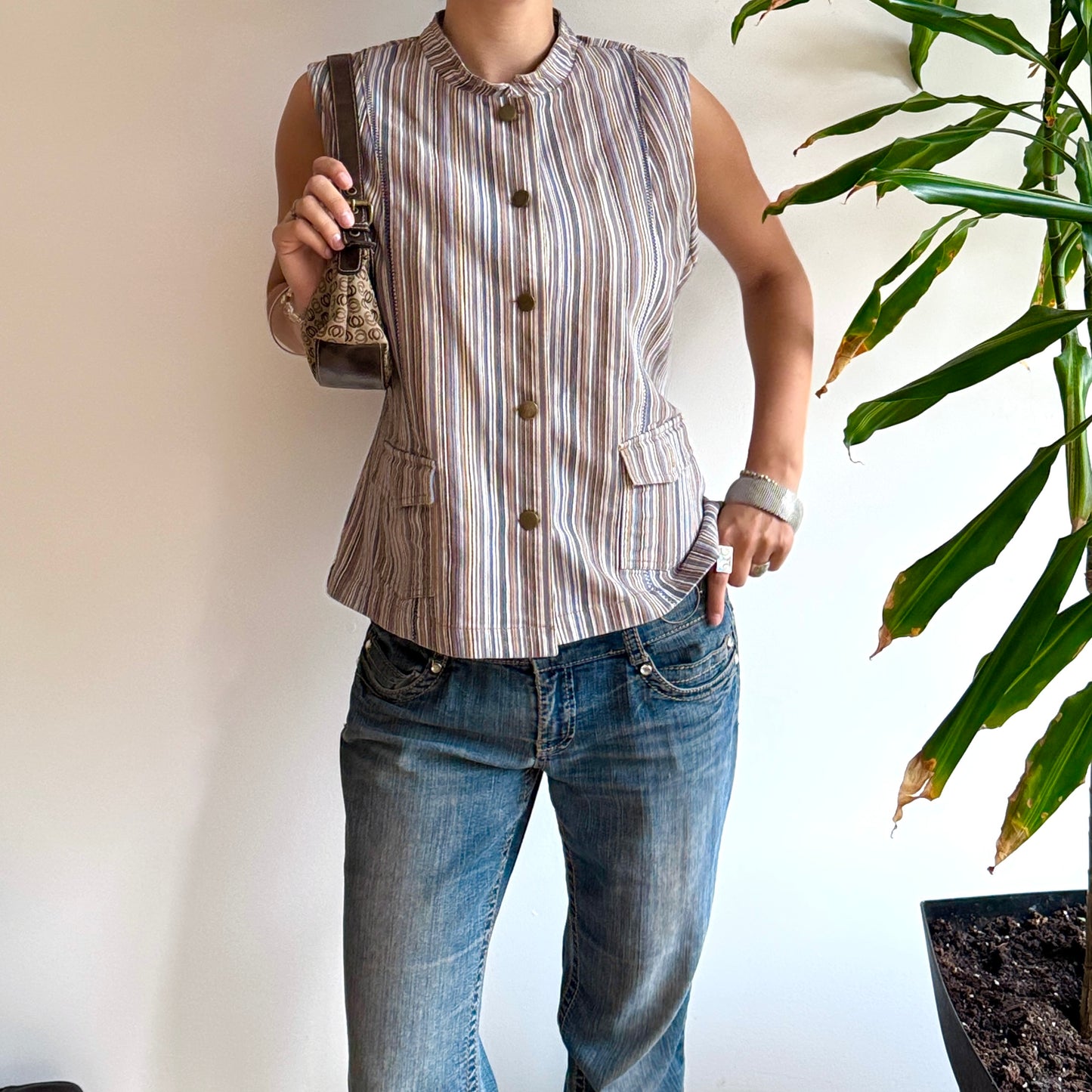 Brown & Blue Button-Up Striped Top