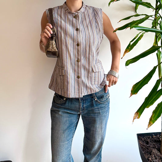 Brown & Blue Button-Up Striped Top