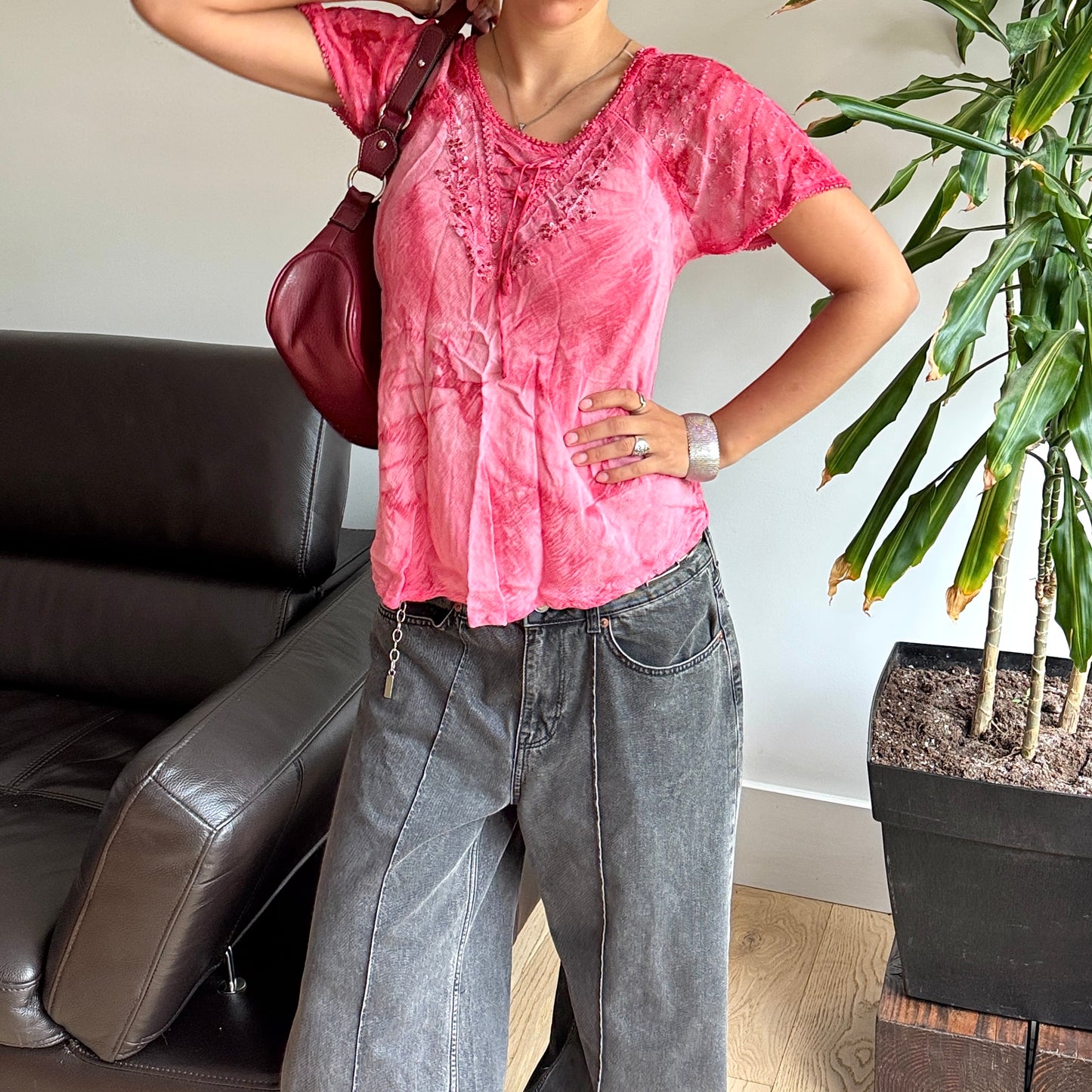 Pink & Red Sequin Mesh Top