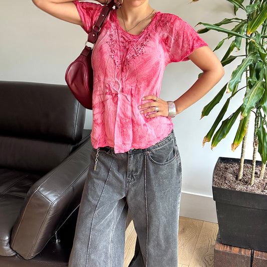 Pink & Red Sequin Mesh Top