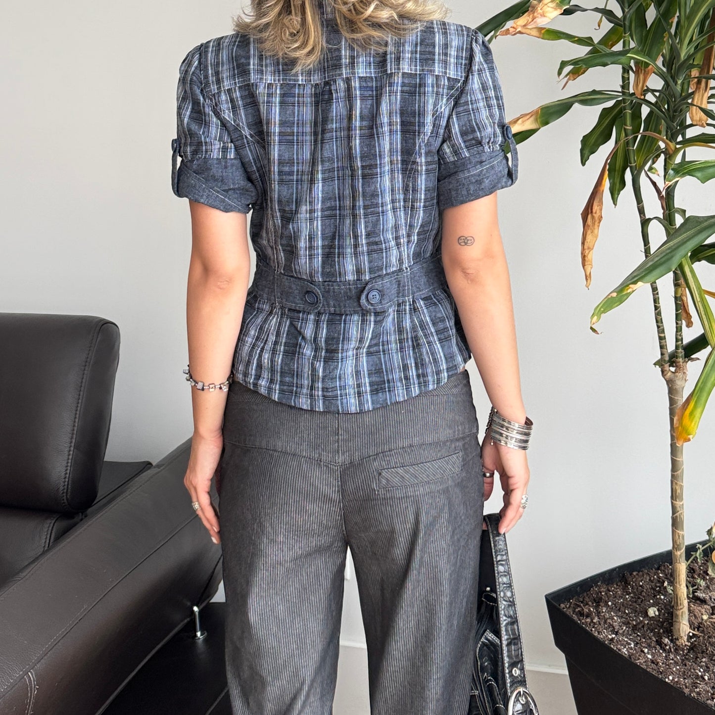 Blue Plaid Button-Up Top