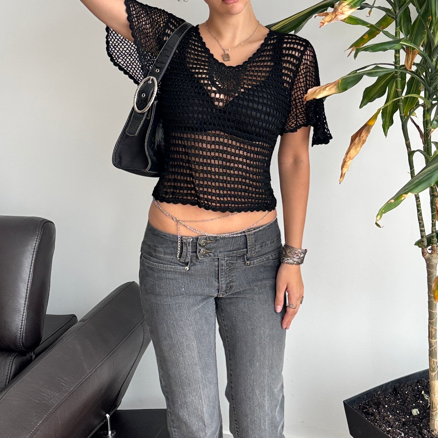 Black Wide Sleeve Crochet Top
