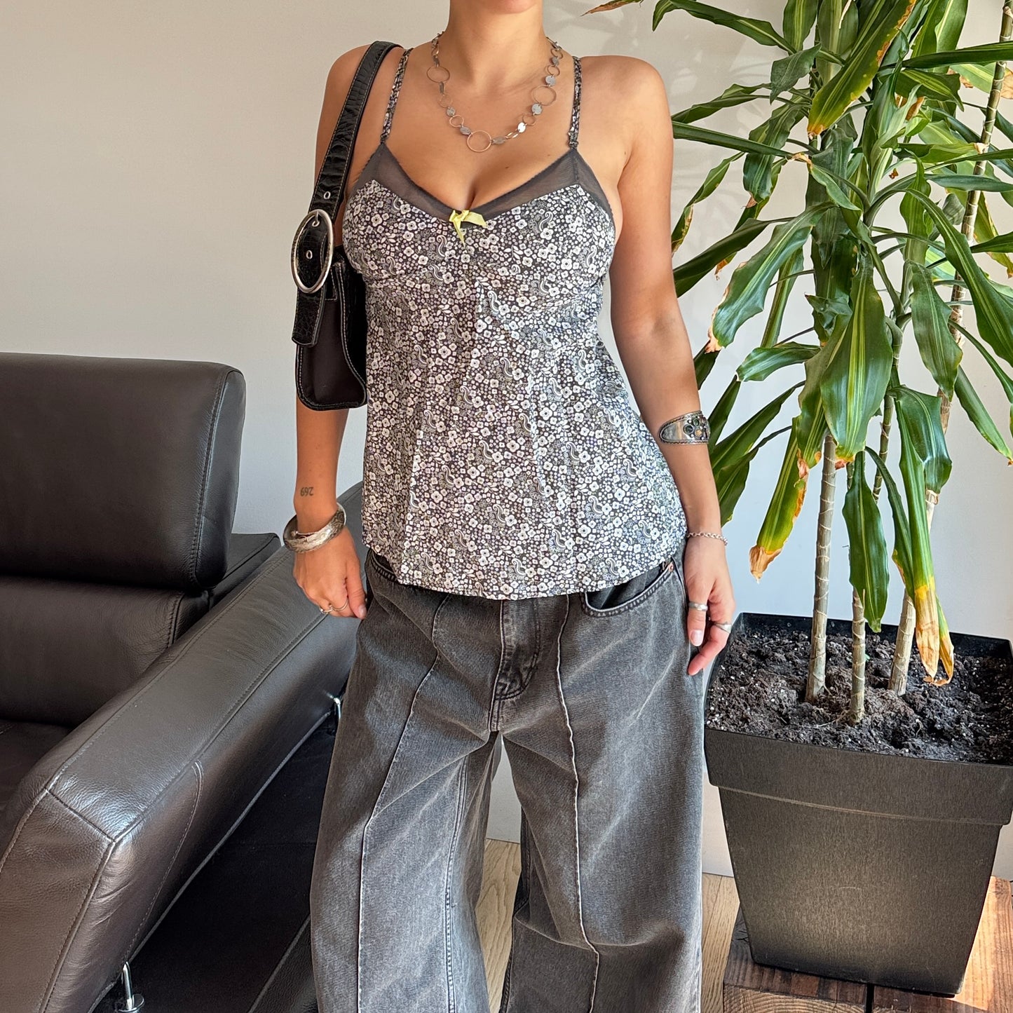 Grey Floral Tie-Up Top