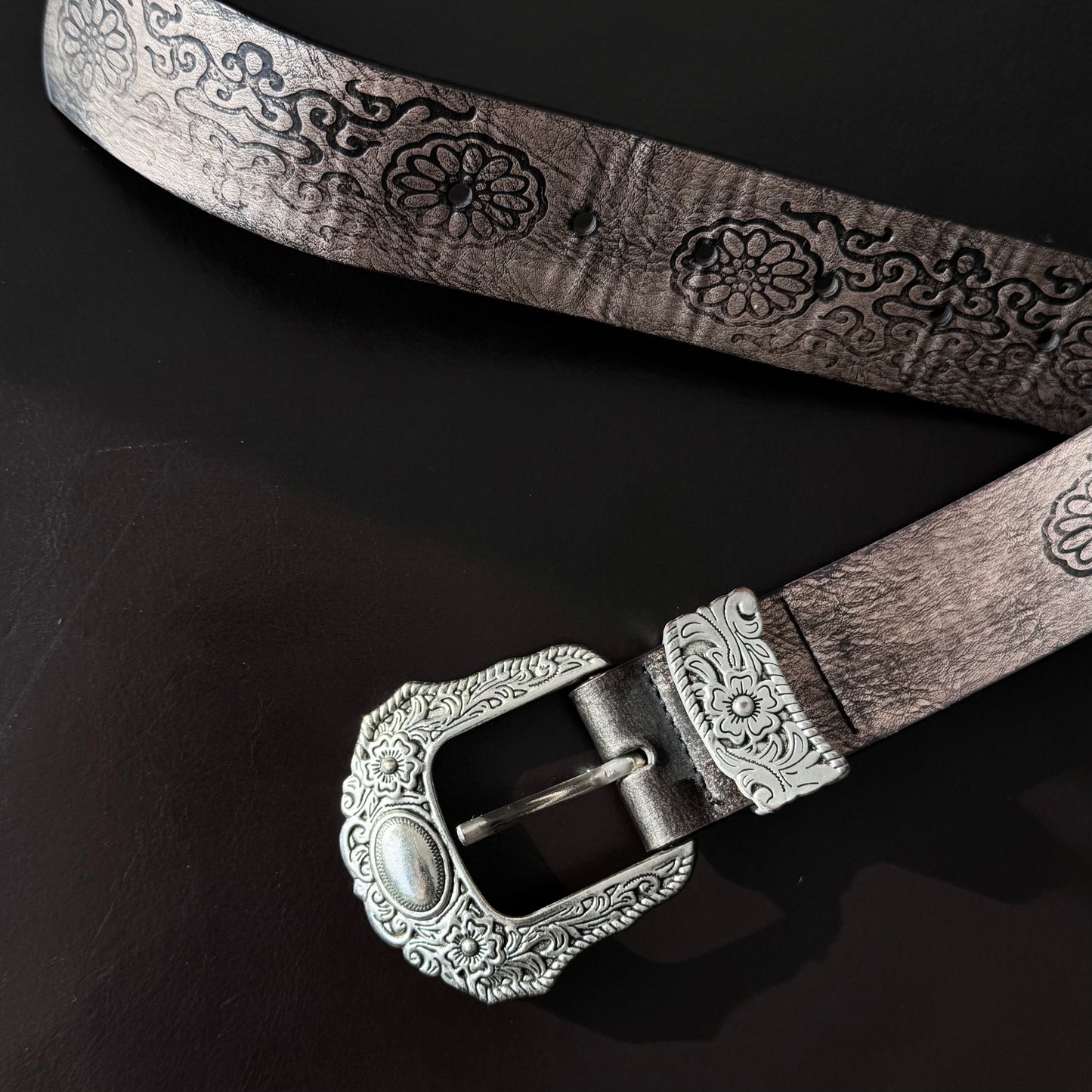Brown Floral Silver Buckle Belt