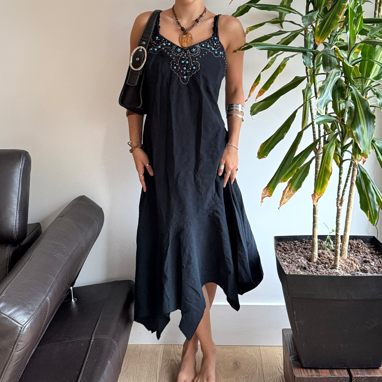 Navy Asymmetrical Beaded Dress