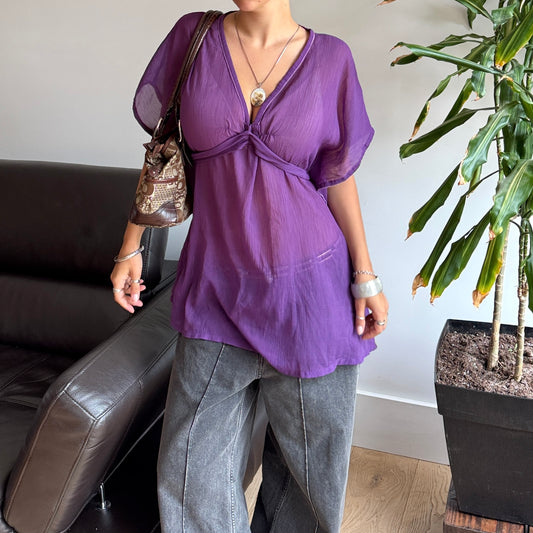 Purple Tie Up Mesh Top