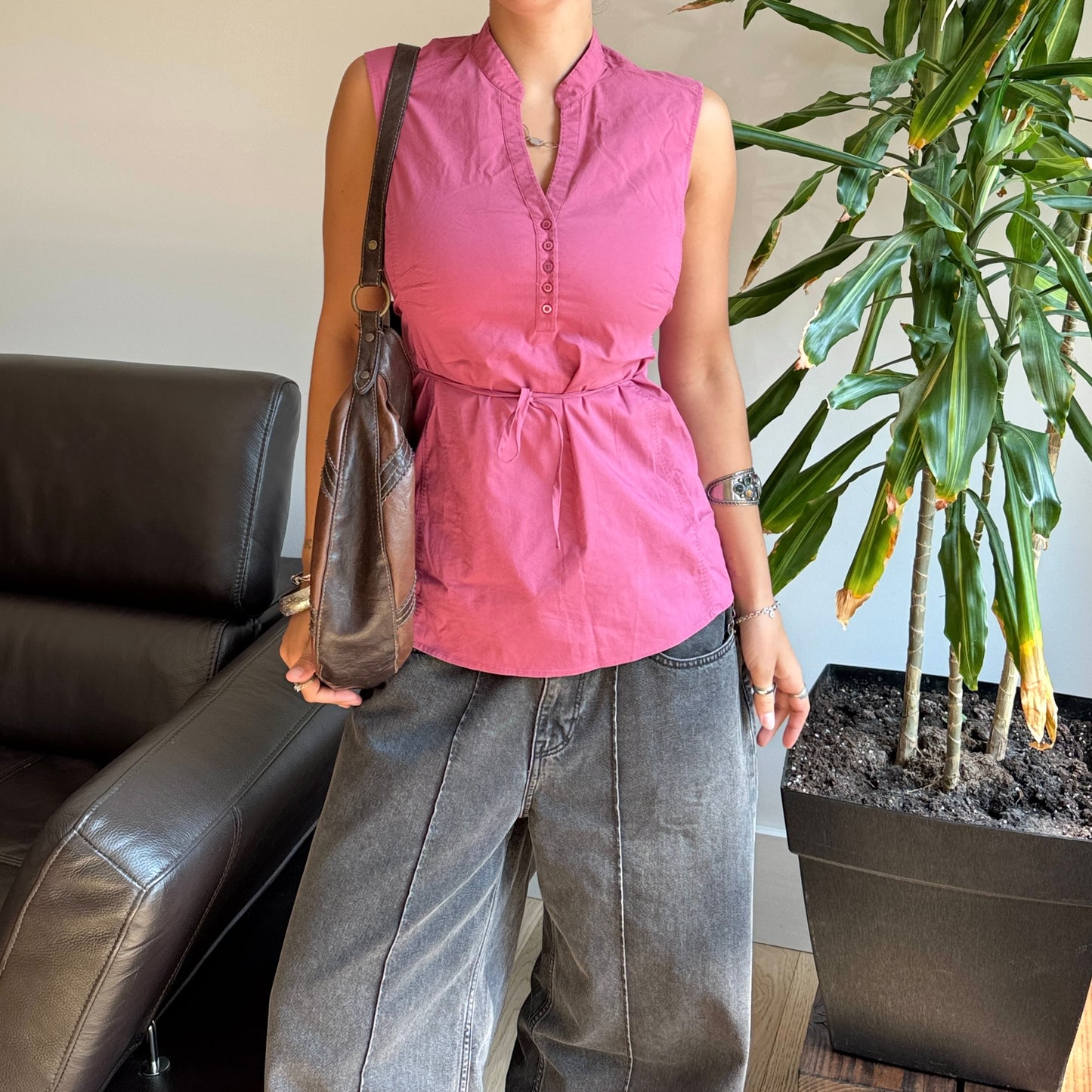 Pink Tie-Up Sleeveless Blouse