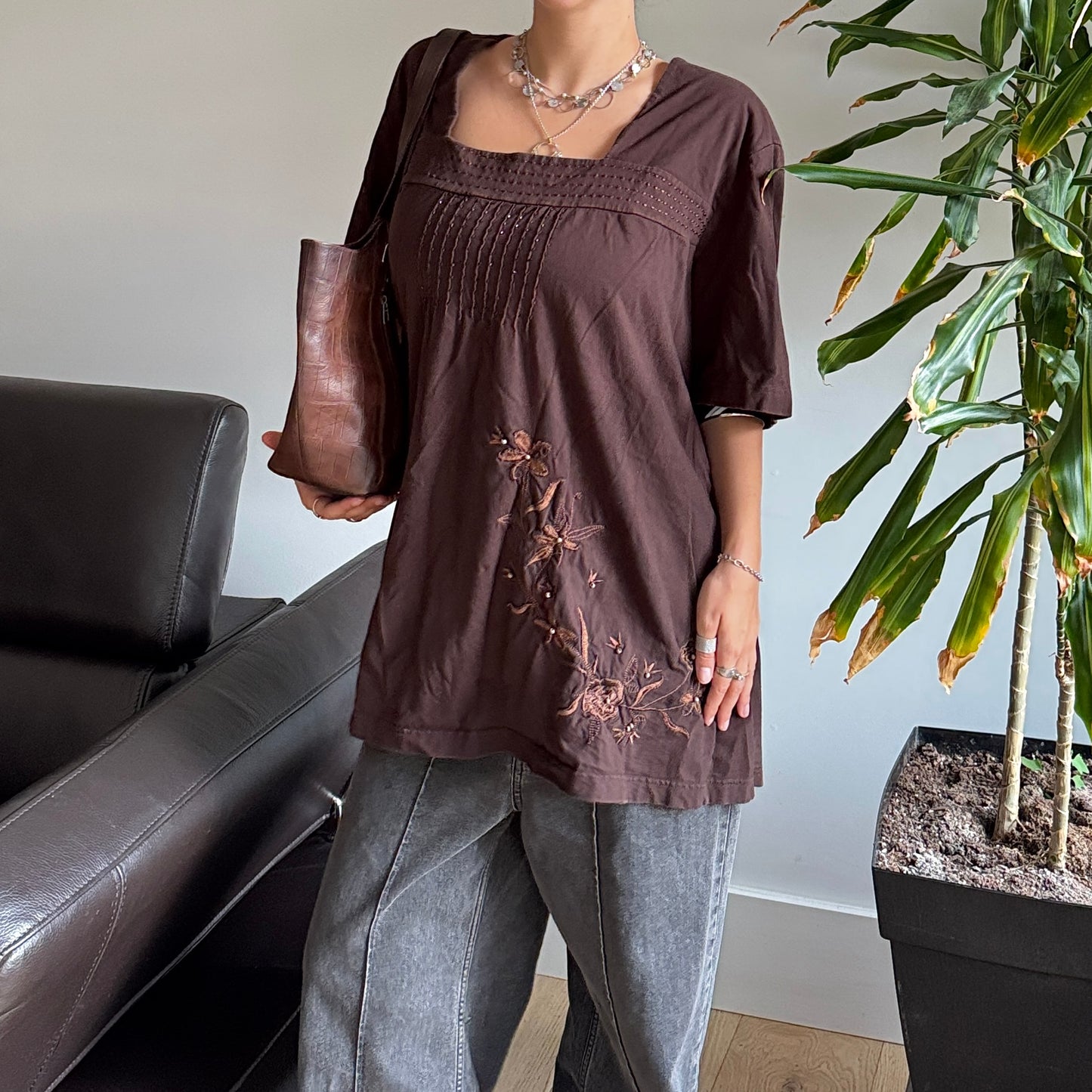 Brown Embroidered Beaded Top