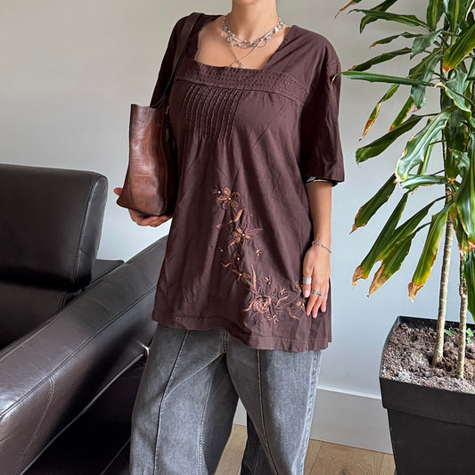 Brown Embroidered Beaded Top