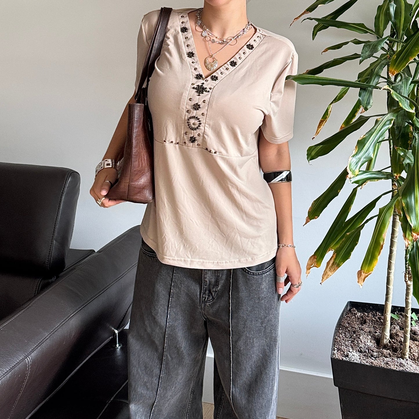 Beige Wooden Beaded Top